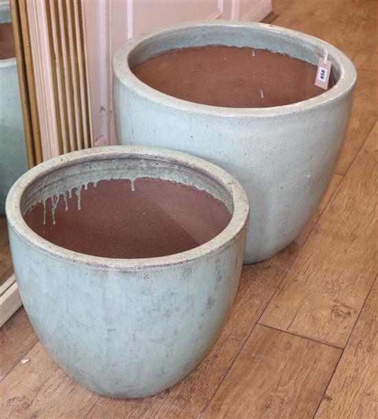 Two sea green glazed garden planters Larger 54cm diameter